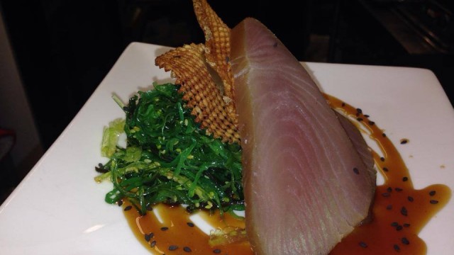 Cold smoked Yellowfin Tuna with Sesame Seaweed salad and teriyaki glaze